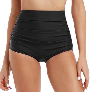 Hilor Women's High Waisted Bikini Bottom Shirred Hispter Tankini Briefs Swim Shorts