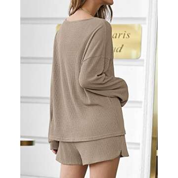 Ekouaer Pajama Set for Women Waffle Knit Lounge Sets Long Sleeve Top and Shorts Matching Loungewear,Brown,M