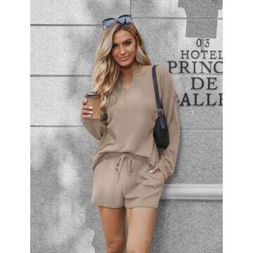 Ekouaer Pajama Set for Women Waffle Knit Lounge Sets Long Sleeve Top and Shorts Matching Loungewear,Brown,M