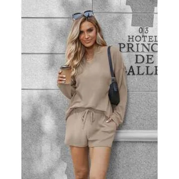 Ekouaer Pajama Set for Women Waffle Knit Lounge Sets Long Sleeve Top and Shorts Matching Loungewear,Brown,M