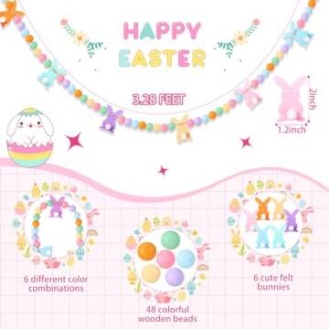 VitalCozy Easter Bunny Garland with Colorful Wood Beads for Spring Decor