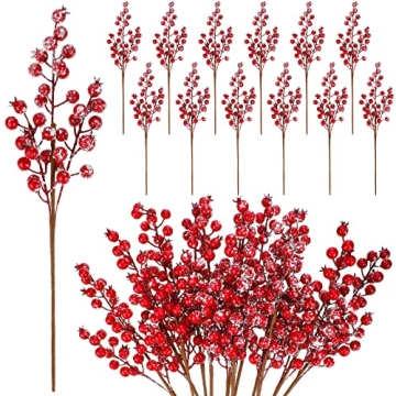 12 Pcs Christmas Artificial Frosted Berry Picks 16 Inch Snowy Red Berry Branches Tree Berry Stems Ho...