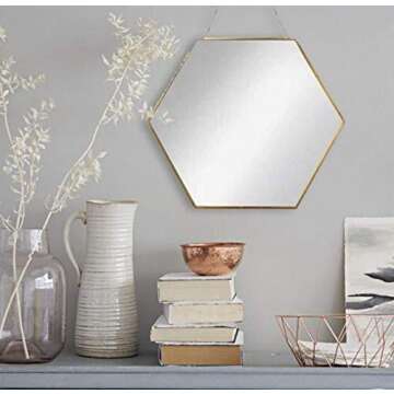 BEACH'D 16" Large Hexagon Gold Brass Wall Mirror with Chain