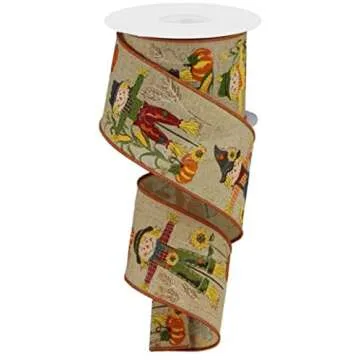 Scarecrow Themed Wired Ribbon with Sunflowers, Pumpkins, and Cornstalks for Fall and Thanksgiving De...