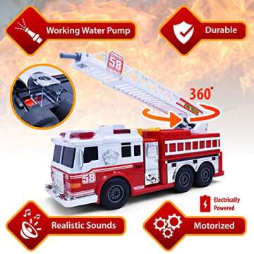 VEBO Fire Truck Motorized with Lights, Siren Sound, Working Water Pump and Rotating Rescue Ladder- E...