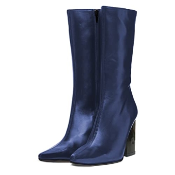 FSJ Women Classic Pointed Toe Elastic Mid Calf Boots Chunky High Heel Side Zipper Daily Winter Walki...