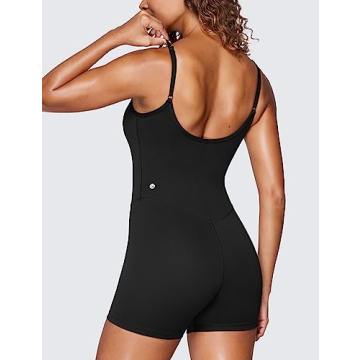 CRZ YOGA Butterluxe Athletic Rompers for Women Adjustable Strap Padded Workout Shorts Jumpsuits One Piece Bodysuit Tank Tops Black Medium