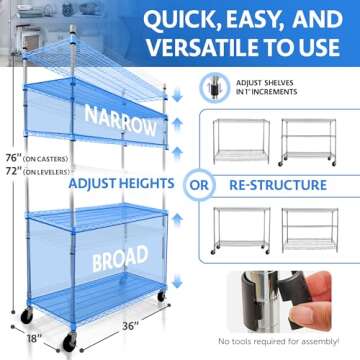 Crescent, Chrome, 36 x 18 x 76, 4000 LBS, Metal Shelves for Storage with Wheels, Ideal for Garage Sh...