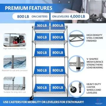 Crescent, Chrome, 36 x 18 x 76, 4000 LBS, Metal Shelves for Storage with Wheels, Ideal for Garage Shelving, 5 Tier Wire Shelving Rack for Kitchen Storage, Heavy Duty Shelving for Home Storage