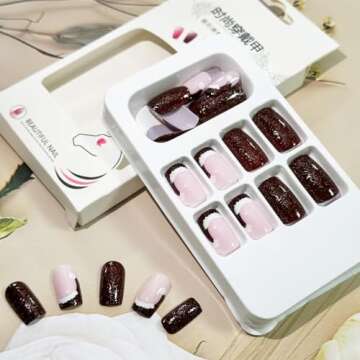 Christmas French Tips Press On Nails Short Square, 24Pcs Christmas Fake Nails Cute Christmas Hat Designs Stick On Nails Christmas Nail Accessories Decorations for Women Girls