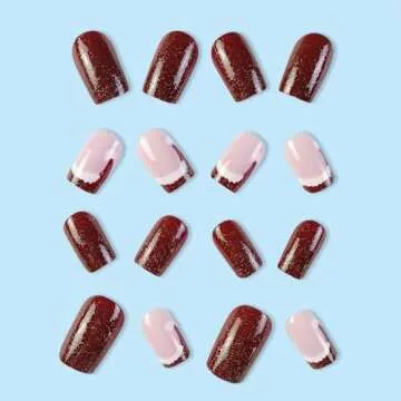 Christmas French Tips Press On Nails Short Square, 24Pcs Christmas Fake Nails Cute Christmas Hat Designs Stick On Nails Christmas Nail Accessories Decorations for Women Girls