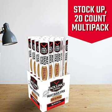 Jack Link's Classic Beef Sticks, Original – Protein Snack, Meat Snack Sticks Made with 100% Beef and Pork, 5g of Protein, Keto, Paleo & Carnivore Diet Ready, Individually Wrapped, 0.8 Oz. (Pack of 20)