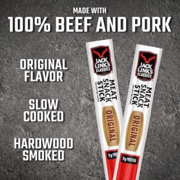 Jack Link's Classic Beef Sticks, Original – Protein Snack, Meat Snack Sticks Made with 100% Beef and Pork, 5g of Protein, Keto, Paleo & Carnivore Diet Ready, Individually Wrapped, 0.8 Oz. (Pack of 20)