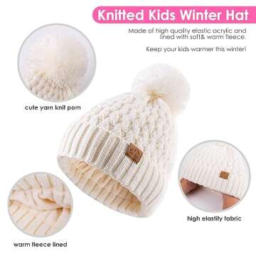 DOCVIT Kids Winter Beanie Hat, Children’s Warm Knitted Fleece Lined Woollen Ski Pompom Hat for Boys & Girls 3-9 Years White