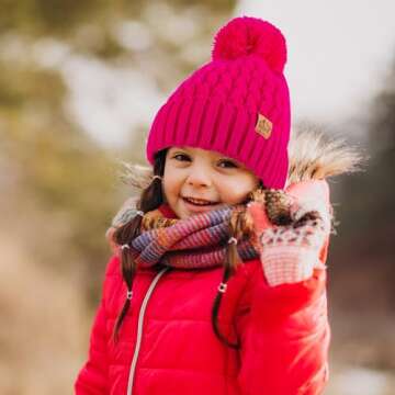 DOCVIT Kids Winter Beanie Hat, Children’s Warm Knitted Fleece Lined Woollen Ski Pompom Hat for Boys & Girls 3-9 Years White