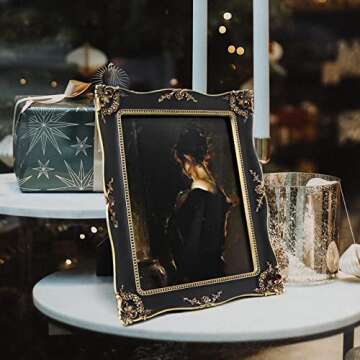 Kilarero 8x10 Inch Vintage Picture Frame, Elegant Antique Photo Frames with Glass Front, Tabletop Wall Hanging, Gift Ideas, Vine Pattern, Photo Display (8x10 inch, Black)