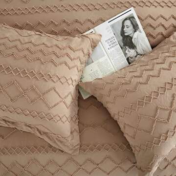 HYBD Boho Duvet Cover Set Queen Size,Beige Queen Bedding Set for All Seasons 3 Pieces Embroidery Shabby Chic Home Bedding Duvet Covers 90x90''