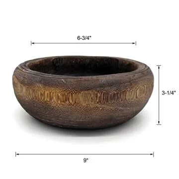 CVHOMEDECO. Primitives Solid Wood Functional and Collectible Bowl Vintage Round Hand Carved Wooden Bowl Rustic Treenware Artworks for Serving Nuts Snacks Fruits or Accent Decor, 9 Inch