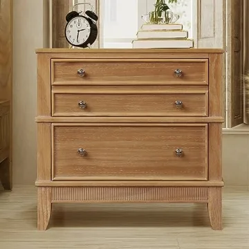 Flieks Wood Nightstand 3 Drawers Bedside Table with Safe Design