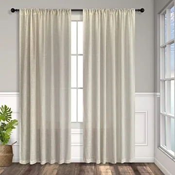 Flax Linen Curtains 84 Inch Semi Sheer Beige for Living Room