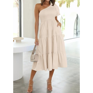 ZESICA Women’s Boho One Shoulder Midi Dress with Pockets
