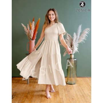 ZESICA Women’s Boho One Shoulder Midi Dress with Pockets