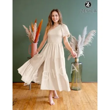 ZESICA Women’s Boho One Shoulder Midi Dress with Pockets