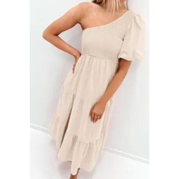 ZESICA Women’s Boho One Shoulder Midi Dress with Pockets