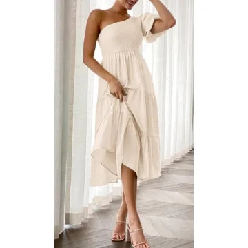 ZESICA Women’s Boho One Shoulder Midi Dress with Pockets