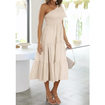 ZESICA Women’s Boho One Shoulder Midi Dress with Pockets