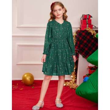 GRACE KARIN Dresses for Girls Size 10-12 Green Long Sleeve Fall Winter Party Casual Holiday Christmas Dress