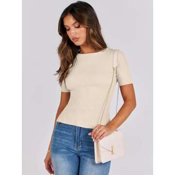ANRABESS Womens Short Sleeve Crewneck T Shirt Ribbed Knit Sweater Shirts Slim Fit Basic Casual Spring Summer Sweater Tee Tops Apricot Large