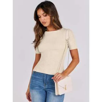 ANRABESS Womens Short Sleeve Crewneck T Shirt Ribbed Knit Sweater Shirts Slim Fit Basic Casual Spring Summer Sweater Tee Tops Apricot Large