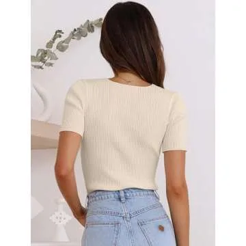 ANRABESS Womens Short Sleeve Crewneck T Shirt Ribbed Knit Sweater Shirts Slim Fit Basic Casual Spring Summer Sweater Tee Tops Apricot Large