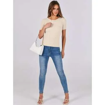 ANRABESS Womens Short Sleeve Crewneck T Shirt Ribbed Knit Sweater Shirts Slim Fit Basic Casual Spring Summer Sweater Tee Tops Apricot Large