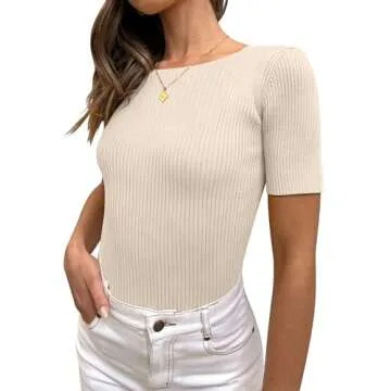 ANRABESS Womens Short Sleeve Crewneck T Shirt Ribbed Knit Sweater Shirts Slim Fit Basic Casual Spring Summer Sweater Tee Tops Apricot Large