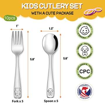 VITEVER 10-Piece Toddler Utensils, Kids Stainless Steel Silverware Set, Children Safe Forks and Spoo...
