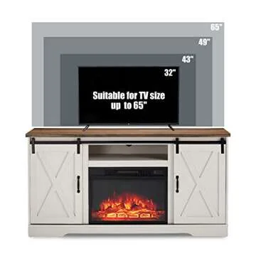 Fireplace TV Stand with Sliding Barn Door for TVs up to 65", Farmhouse 59" Fireplace Entertainment Center with Storage Cabinets/Adjustable Shelves, Distressed White & Barnwood