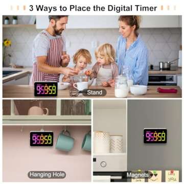 PERSUPER Kitchen Timer for Cooking, 10 RGB Color Changing Digital Magnetic Timer, Countdown/Up, Rechargeabilit, 3 Brightness Display, 3 Volume Levels and Vibration Mode, for Classroom, Study, Fitness