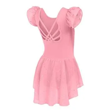 Arshiner Girls Shiny Ruffle Sleeve Ballet Leotard with Skirt Criss-Cross Back Dance Dresses for 6-7 ...