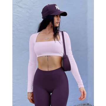 YEOREO Kyla Women Crop Top Long Sleeve Padded Sports Low Medium Impact Yoga Shirt Workout Purple S