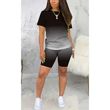 DvaeMalligo Womens Biker Short Sets Solid Short Sleeve T-Shirts and Shorts Sports Yoga Suit Tracksuit Workout(Black,2XL)