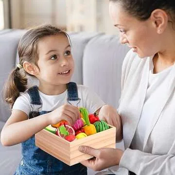 Holicolor 40pcs Wooden Play Food, Play Food Sets for Kids Kitchen Pretend Cutting Play Food for Toddlers 1-3