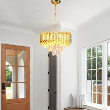 FRIXCHUR 16'' Modern Crystal Chandelier Pendant Light 3-Tier Gold Chandelier Light Fixture Raindrop Modern Chandelier for Dining Room Kitchen Island Living Room Foyer