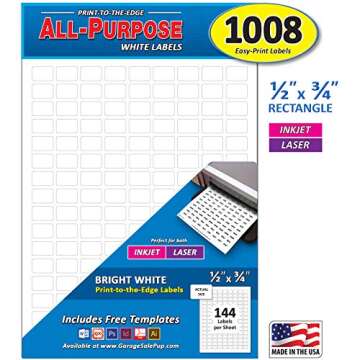 Pack of 1008, 1/2" x 3/4" White Rectangle Labels, 8 1/2 x 11 Inch Sheet, Fits All Laser/Inkjet Printers, 144 Labels per Sheet, 0.5 x 0.75 Inches