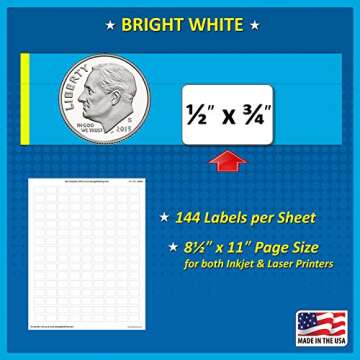 Pack of 1008, 1/2" x 3/4" White Rectangle Labels, 8 1/2 x 11 Inch Sheet, Fits All Laser/Inkjet Printers, 144 Labels per Sheet, 0.5 x 0.75 Inches