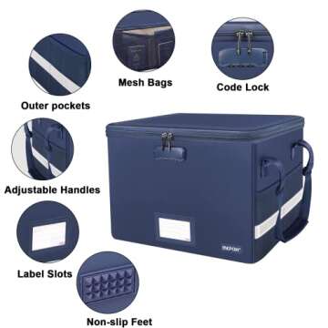 ENGPOW File Box with Lock, Fireproof Document Box with Zipper Lid,Collapsible File Organizer Storage Box Filing Box with Handle,Portable Home Office Safe Box for Hanging Letter/Legal Folder,Blue