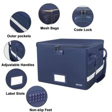 ENGPOW File Box with Lock, Fireproof Document Box with Zipper Lid,Collapsible File Organizer Storage Box Filing Box with Handle,Portable Home Office Safe Box for Hanging Letter/Legal Folder,Blue