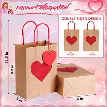 Hillban 24 pcs Valentine's Day Heart Gift Bags with Tags 3 x 6 x 8 Inch Red Pink Heart Candy Goodie Favor Paper Bags with Handles for Valentine Wedding Children's Day(Heart,Brown, Red)