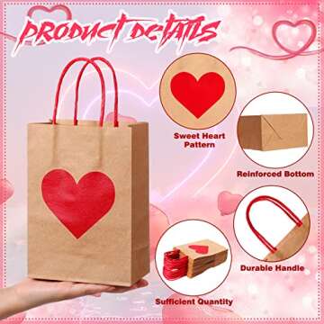 Hillban 24 pcs Valentine's Day Heart Gift Bags with Tags 3 x 6 x 8 Inch Red Pink Heart Candy Goodie Favor Paper Bags with Handles for Valentine Wedding Children's Day(Heart,Brown, Red)